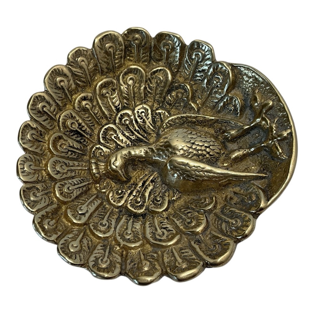 Brass Peacock Trinket Dish Scalloped Edge Embossed Raised 3D Feather Plume VTG - Picture 9 of 16